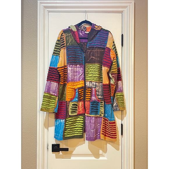 Women's Patchwork Colors BOHO Zip Hoodie 3/4 Length Plus Size - Picture 3 of 7